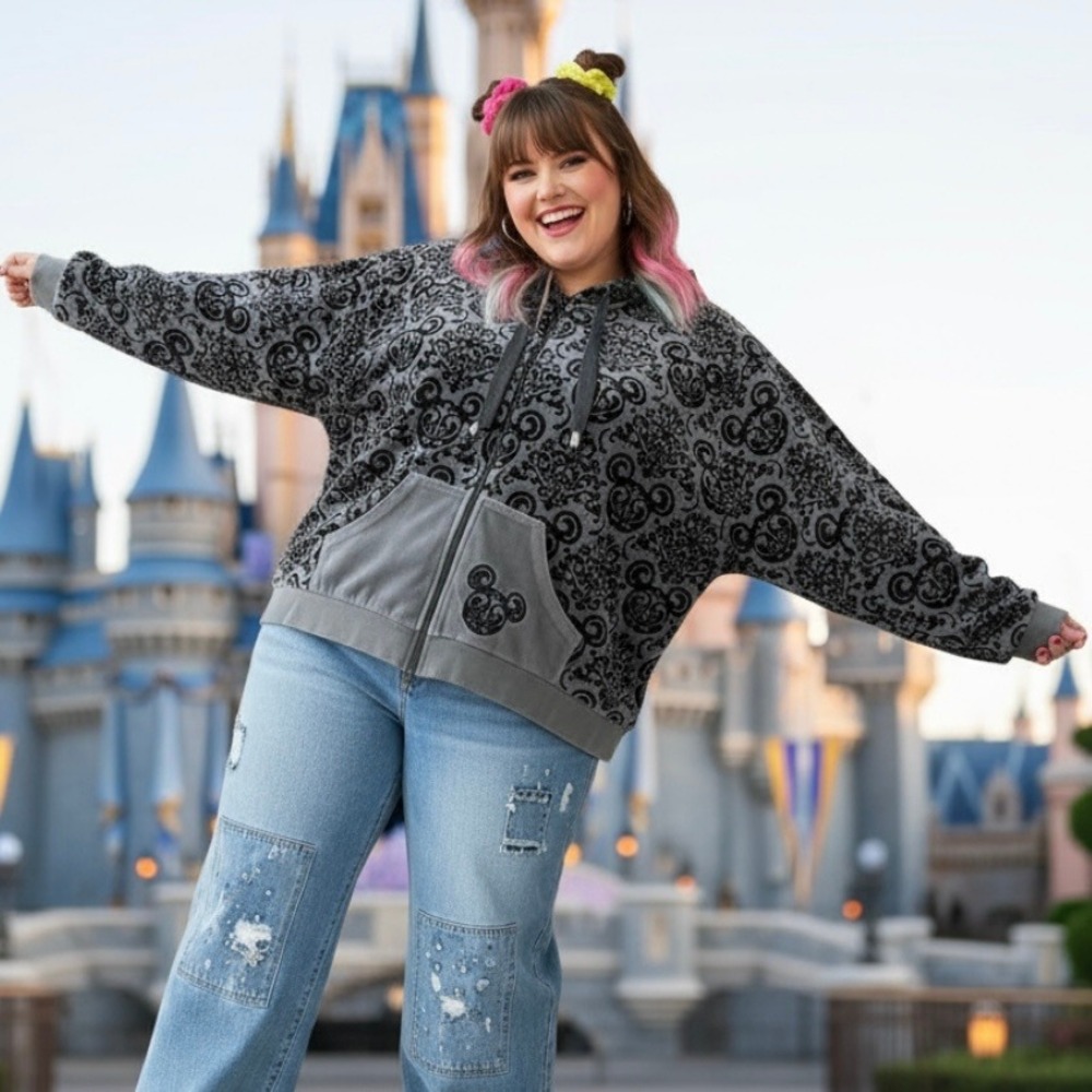 Y2K Vintage Disney Plus Size Velour Zip Up Hoodie Black Gray Mickey‎ Mouse 2XL